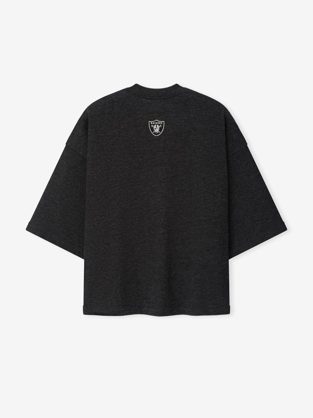 Raiders Merch Tee charcoal oversized short sleeve shirt with a small Raiders shield emblem displayed against a light background in a clean Tops product view