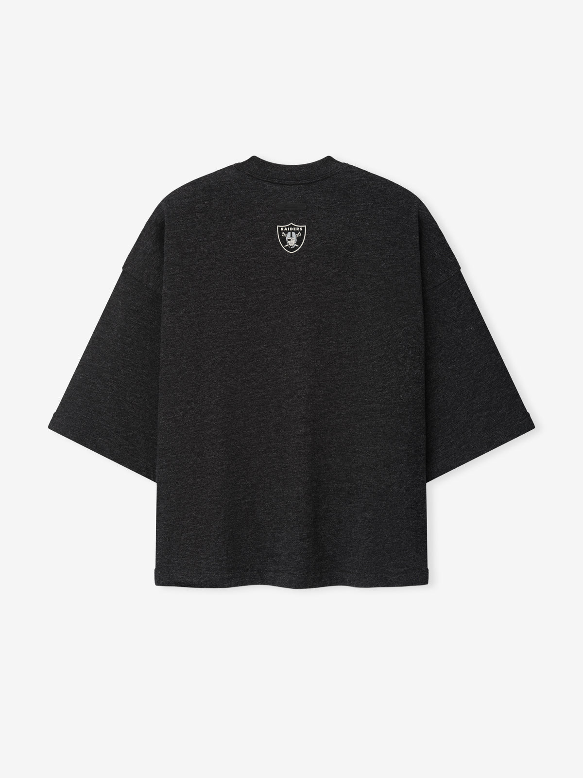 Raiders Merch Tee charcoal oversized short sleeve shirt with a small Raiders shield emblem displayed against a light background in a clean Tops product view