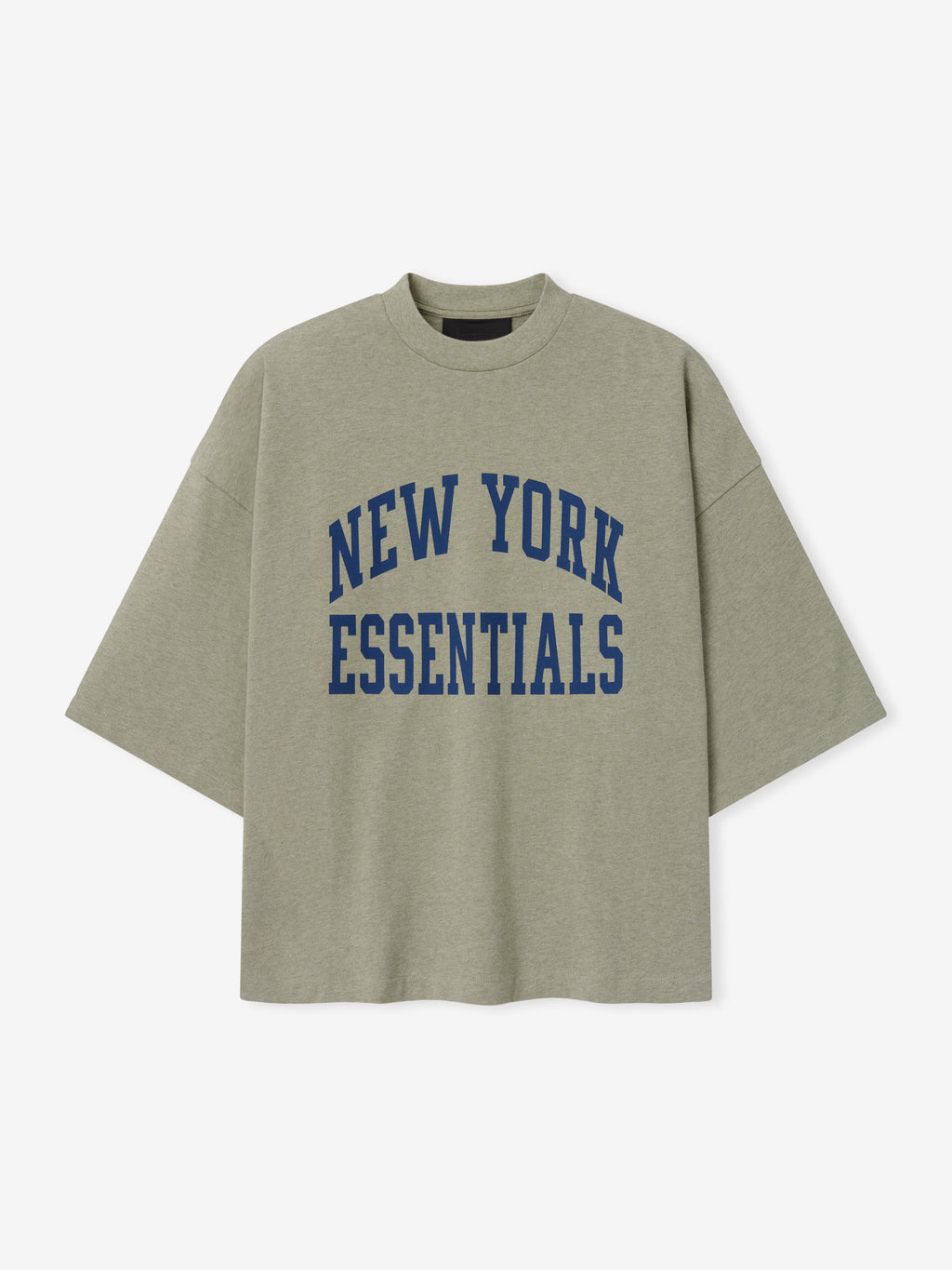 Giants Merch Tee olive gray oversized short sleeve shirt with blue New York Essentials collegiate lettering displayed against a light background in a clean Tops product view