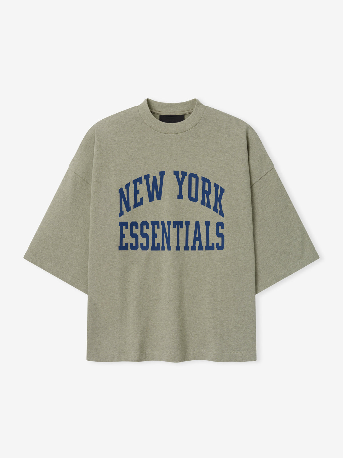 Giants Merch Tee olive gray oversized short sleeve shirt with blue New York Essentials collegiate lettering displayed against a light background in a clean Tops product view