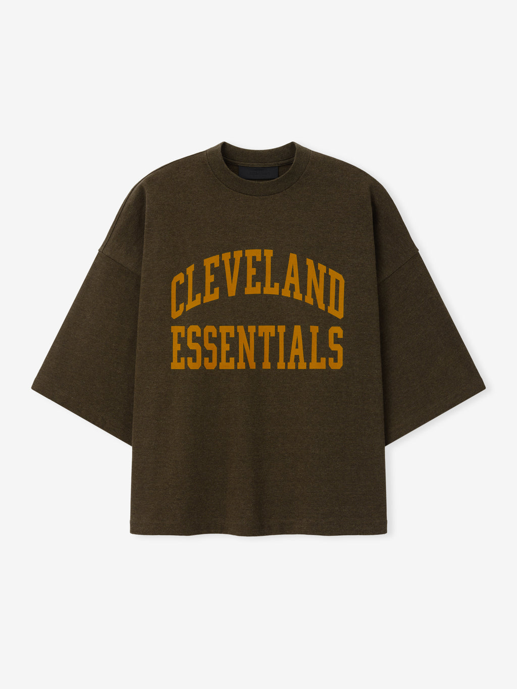 Browns Merch Tee brown oversized short sleeve shirt with arched gold Cleveland Essentials lettering displayed against a light background in a clean Tops product view