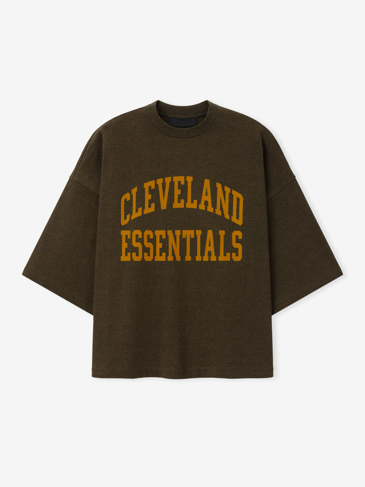 Browns Merch Tee brown oversized short sleeve shirt with arched gold Cleveland Essentials lettering displayed against a light background in a clean Tops product view