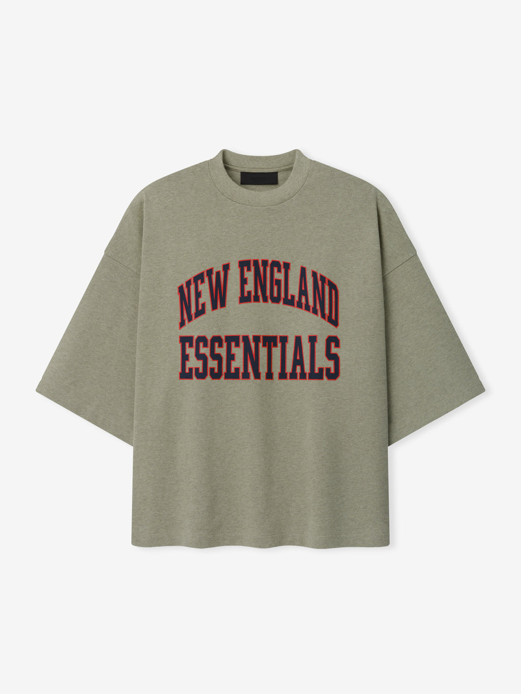 Patriots Merch Tee olive gray oversized short sleeve shirt with arched New England Essentials lettering in red and navy displayed against a light background in a clean Tops view
