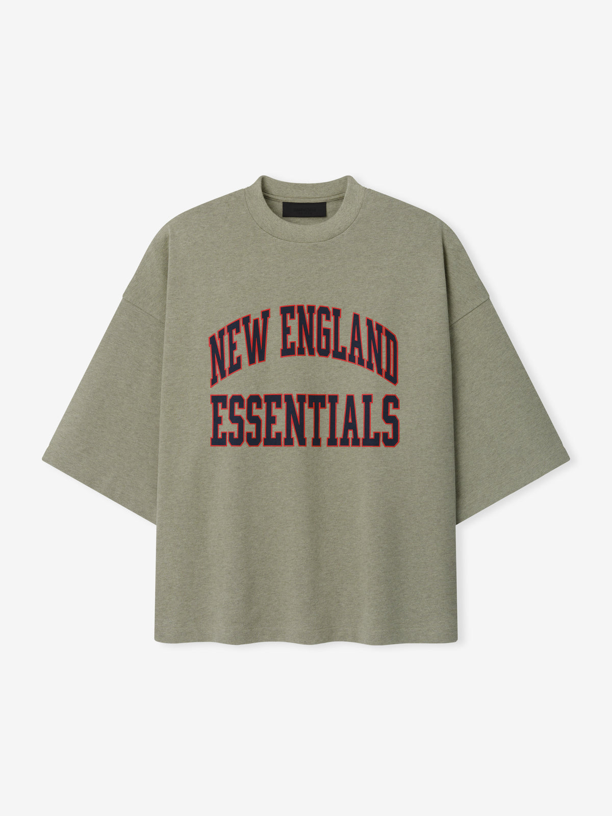 Patriots Merch Tee olive gray oversized short sleeve shirt with arched New England Essentials lettering in red and navy displayed against a light background in a clean Tops view