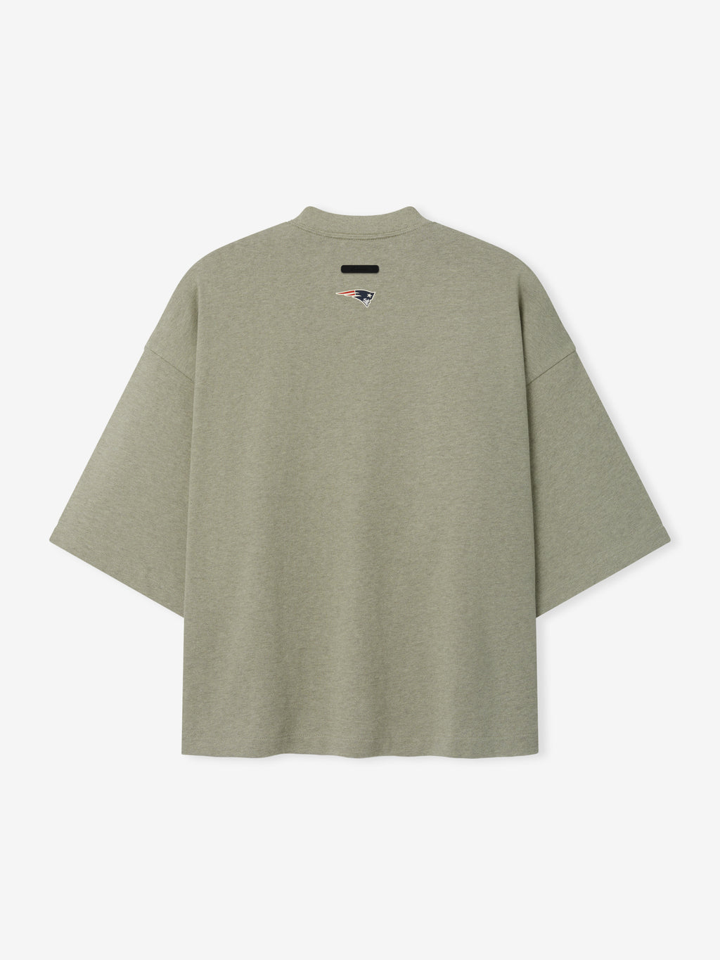 Patriots Merch Tee olive gray oversized short sleeve shirt with a small Patriots logo and black chest label displayed against a light background in a clean Tops view
