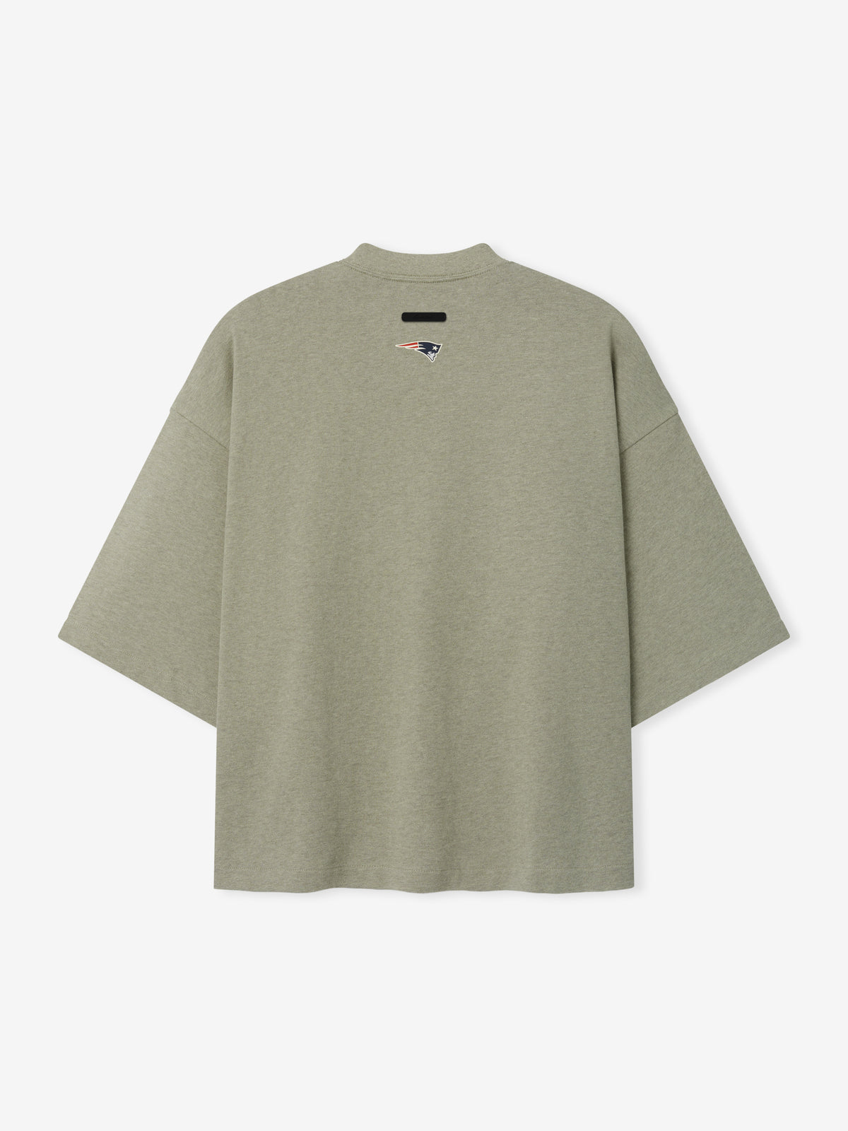 Patriots Merch Tee olive gray oversized short sleeve shirt with a small Patriots logo and black chest label displayed against a light background in a clean Tops view