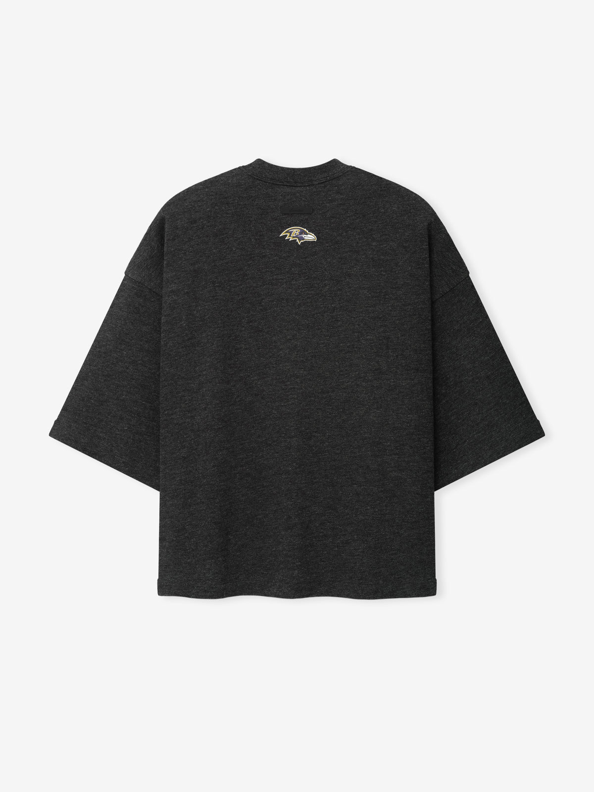 Ravens Merch Tee dark charcoal oversized short sleeve shirt with a small embroidered Ravens emblem displayed against a light background in a clean Tops product view