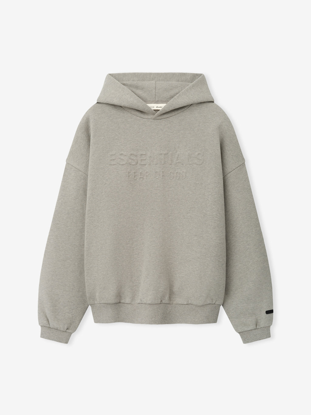 Embossed FW26 90s Relaxed Hoodie in gray with a roomy fit drawstring hood ribbed cuffs and subtle raised chest lettering on a white background