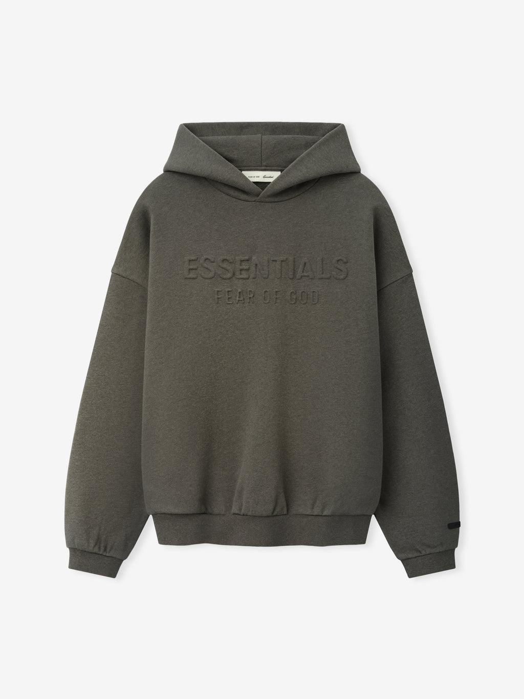 Embossed FW26 90s Relaxed Hoodie in dark gray with tonal embossed Essentials Fear of God lettering hood ribbed cuffs and hem displayed on a white background