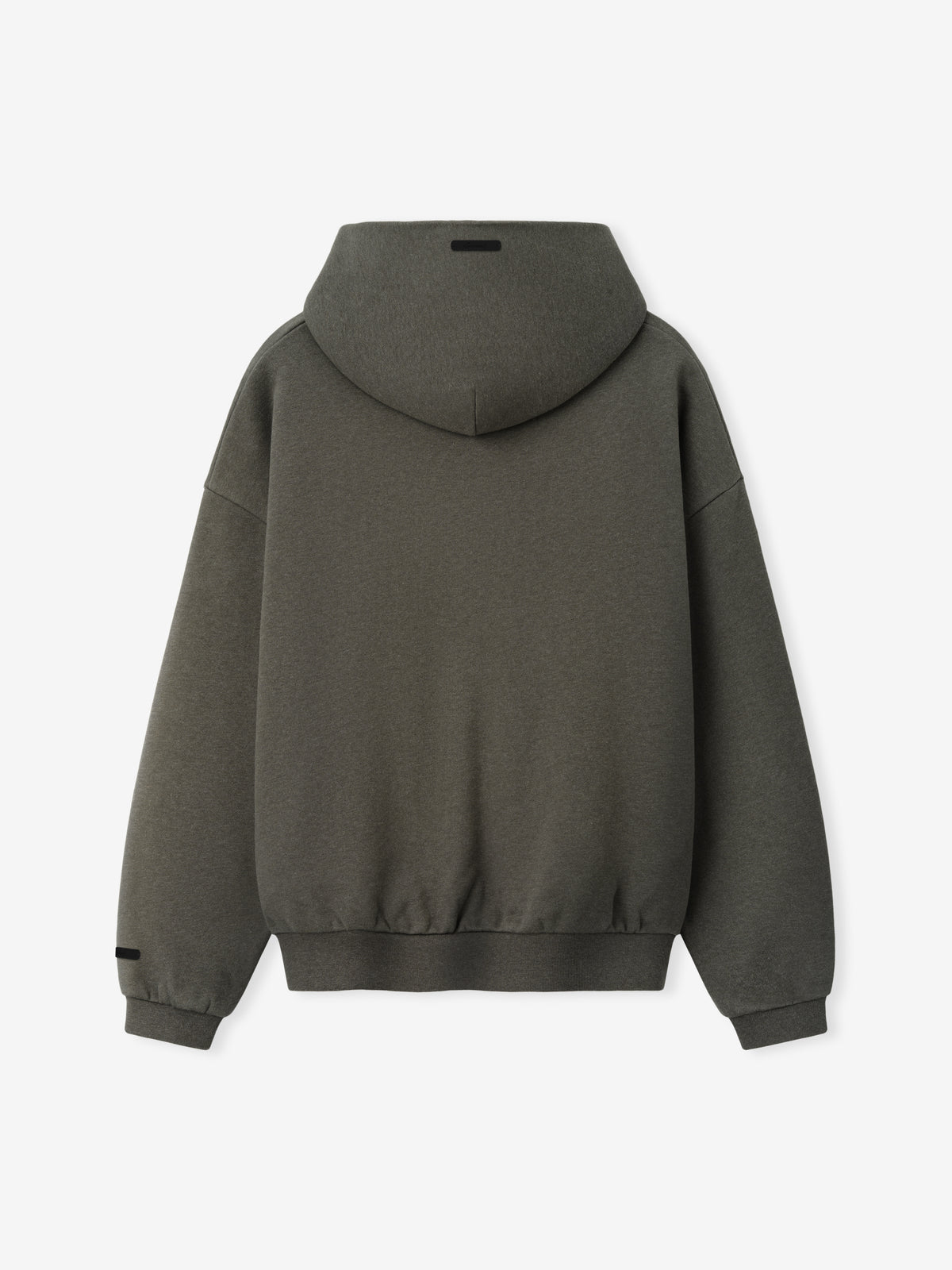Embossed FW26 90s Relaxed Hoodie in dark gray shown from the back with an oversized hood dropped shoulders long sleeves and ribbed cuffs and hem on white background