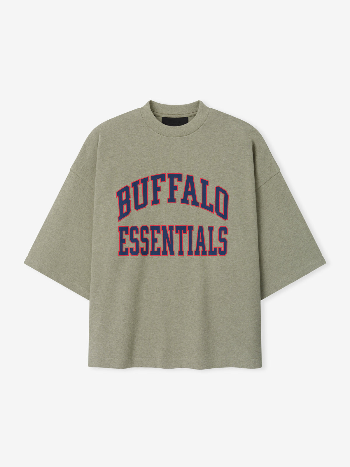 Bills Merch Tee olive green oversized short sleeve shirt with red and blue Buffalo Essentials collegiate lettering displayed against a light background in a clean Tops product view