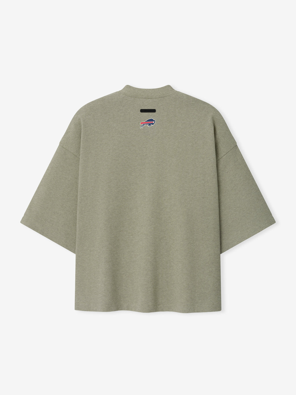Bills Merch Tee olive green oversized short sleeve shirt with a small Buffalo logo and black chest label shown in a clean Tops product view