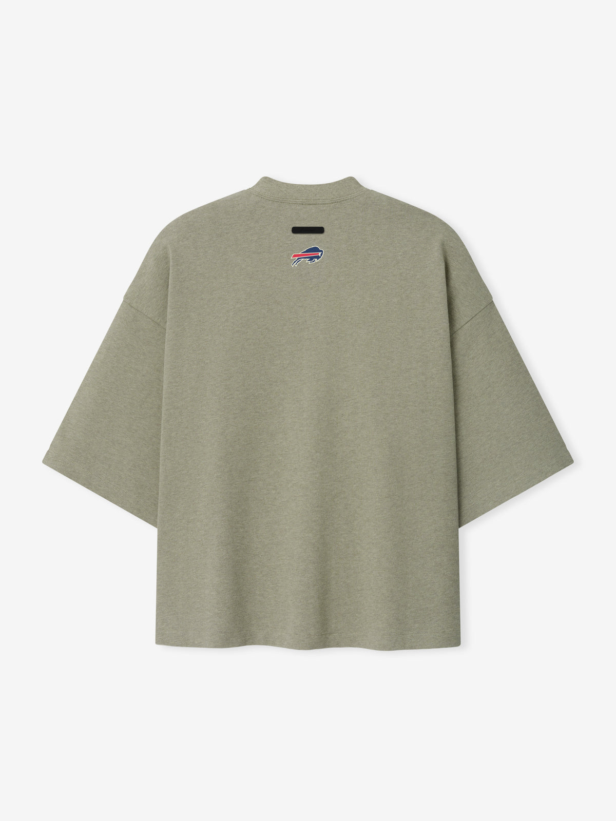 Bills Merch Tee olive green oversized short sleeve shirt with a small Buffalo logo and black chest label shown in a clean Tops product view