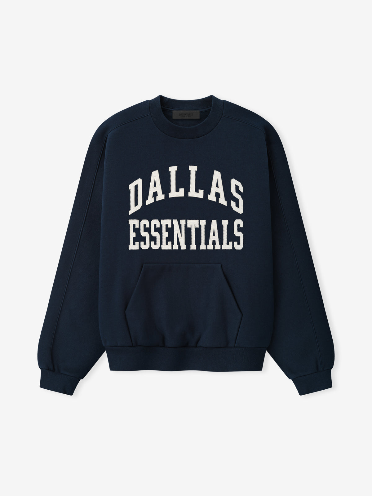 Cowboys 90s Relaxed Crewneck navy sweatshirt with white Dallas Essentials collegiate lettering kangaroo pocket and ribbed cuffs shown as a Tops product view
