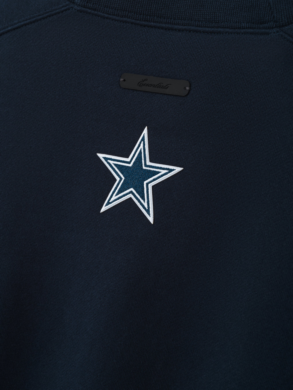 Cowboys 90s Relaxed Crewneck navy sweatshirt featuring a Dallas star emblem and subtle chest label shown in a detailed Tops product view