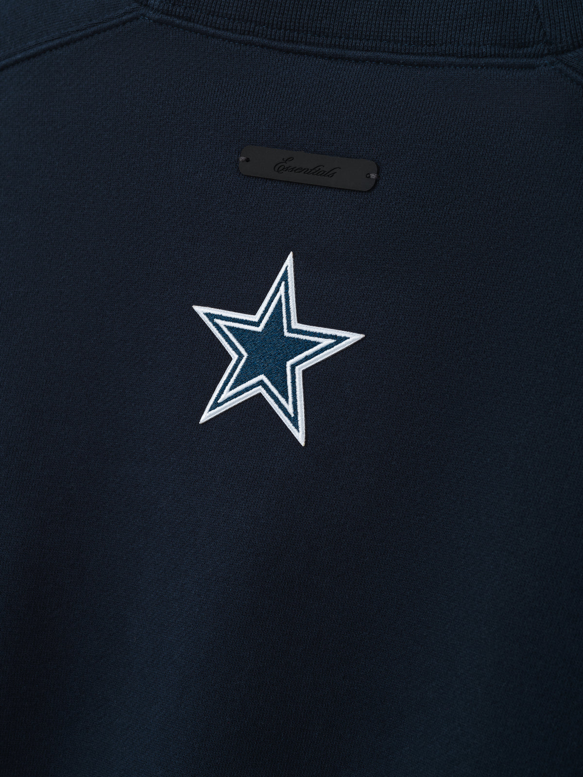 Cowboys 90s Relaxed Crewneck navy sweatshirt featuring a Dallas star emblem and subtle chest label shown in a detailed Tops product view