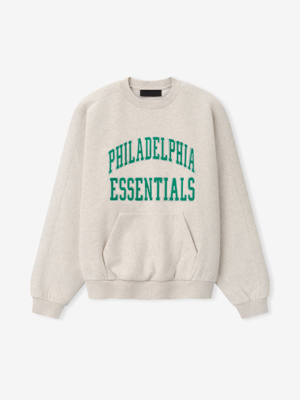 Eagles 90s Relaxed Crewneck cream sweatshirt with green Philadelphia Essentials collegiate lettering and kangaroo pocket shown in a clean Tops product view