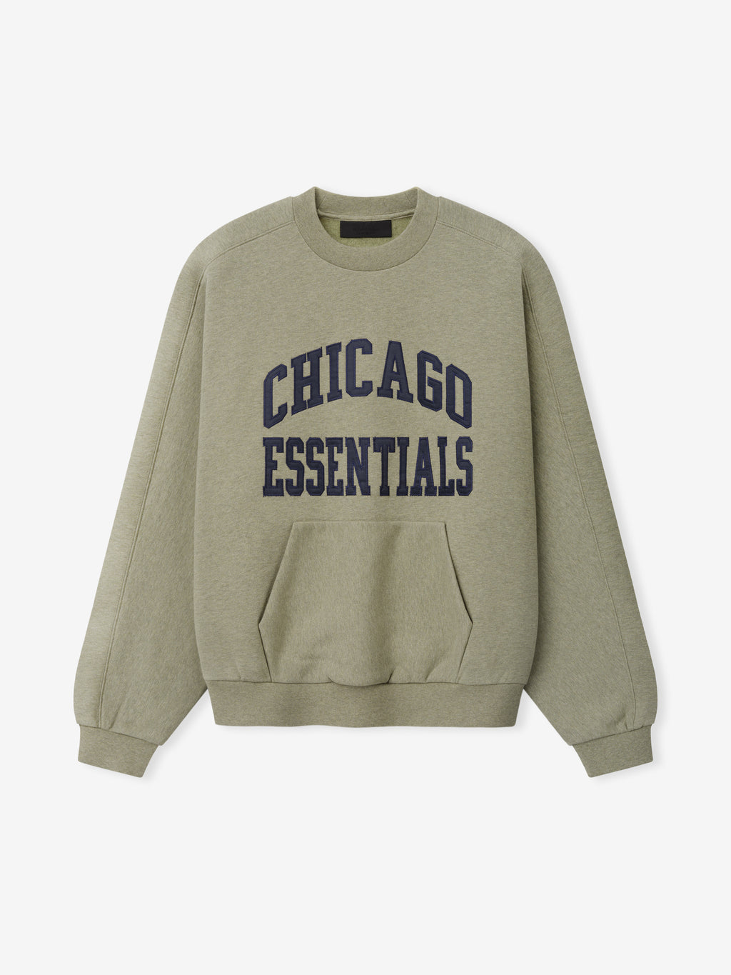 Bears 90s Relaxed Crewneck olive green sweatshirt with bold navy Chicago Essentials collegiate lettering and kangaroo pocket shown in a clean Tops product view
