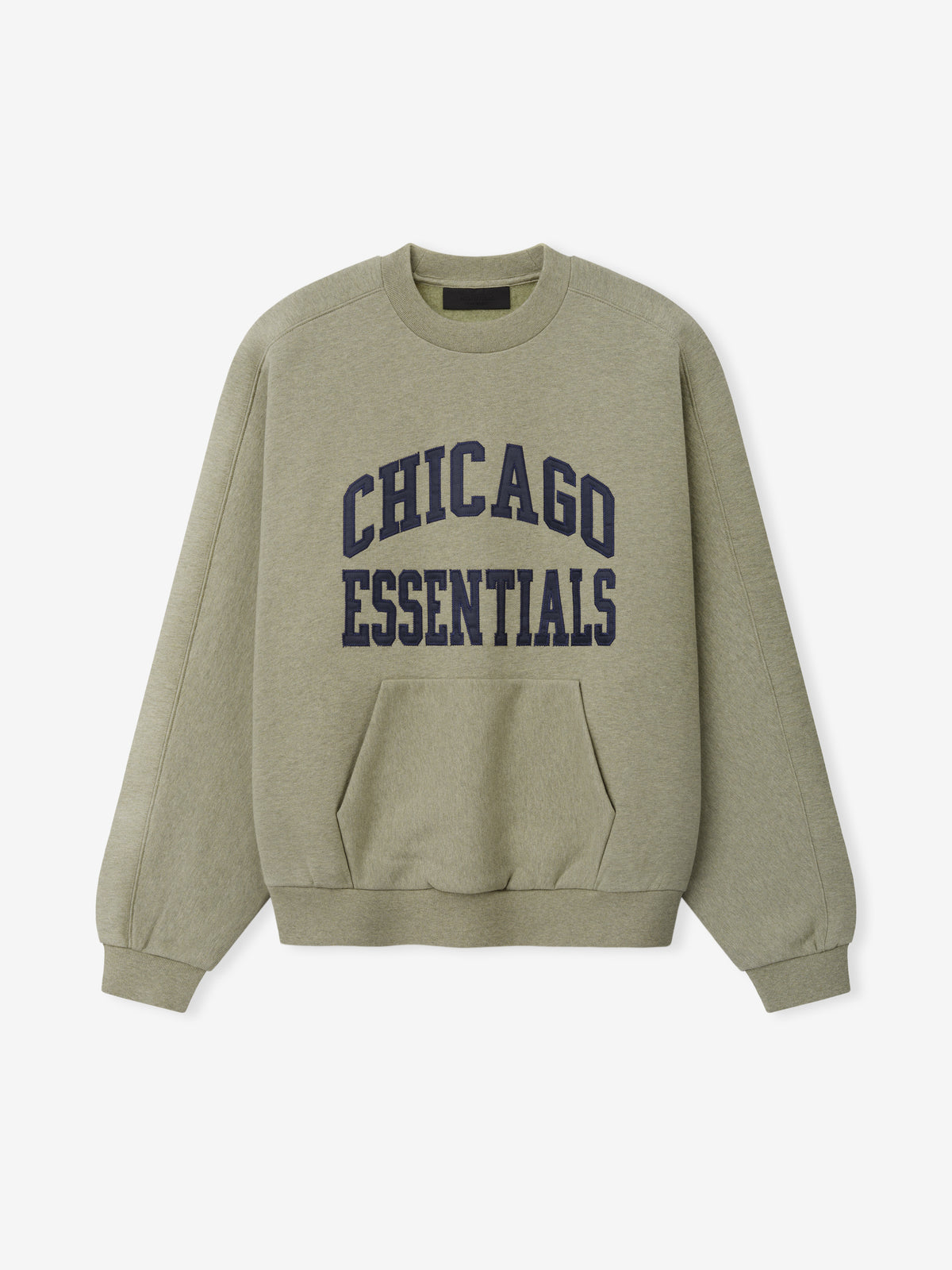 Bears 90s Relaxed Crewneck olive green sweatshirt with bold navy Chicago Essentials collegiate lettering and kangaroo pocket shown in a clean Tops product view