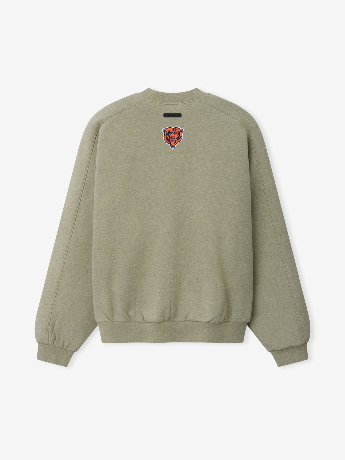 Bears 90s Relaxed Crewneck olive green sweatshirt with a small Chicago Bears logo on the chest and ribbed cuffs and hem shown in a clean Tops product view