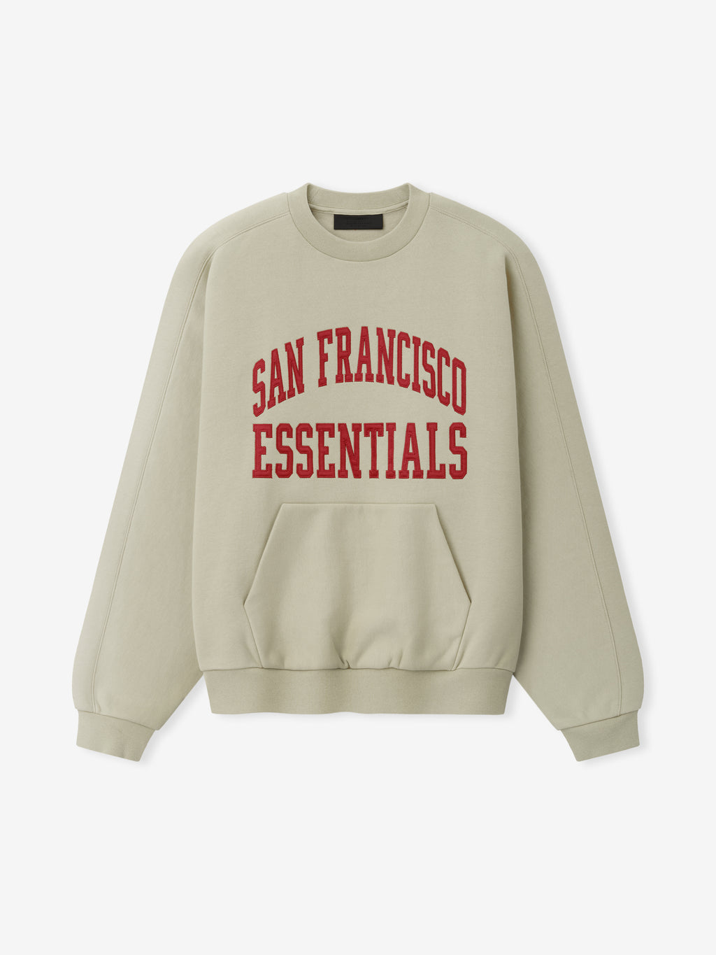 49ers 90s Relaxed Crewneck cream sweatshirt with red San Francisco Essentials collegiate lettering kangaroo pocket and ribbed cuffs shown in a clean Tops product view