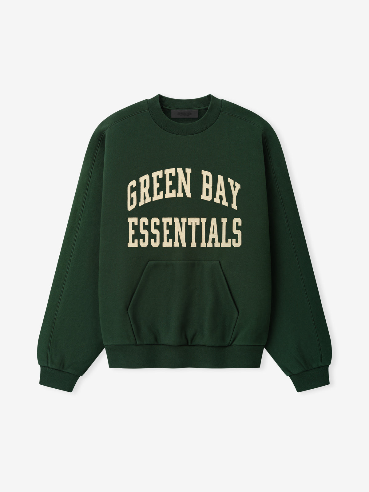 Packers 90s Relaxed Crewneck dark green sweatshirt with cream Green Bay Essentials collegiate lettering and kangaroo pocket shown in a clean Tops product view