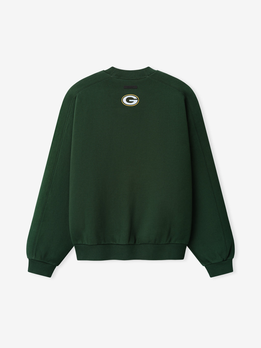 Packers 90s Relaxed Crewneck dark green sweatshirt featuring a small Green Bay Packers G logo at the chest with ribbed cuffs and hem shown as a Tops product view