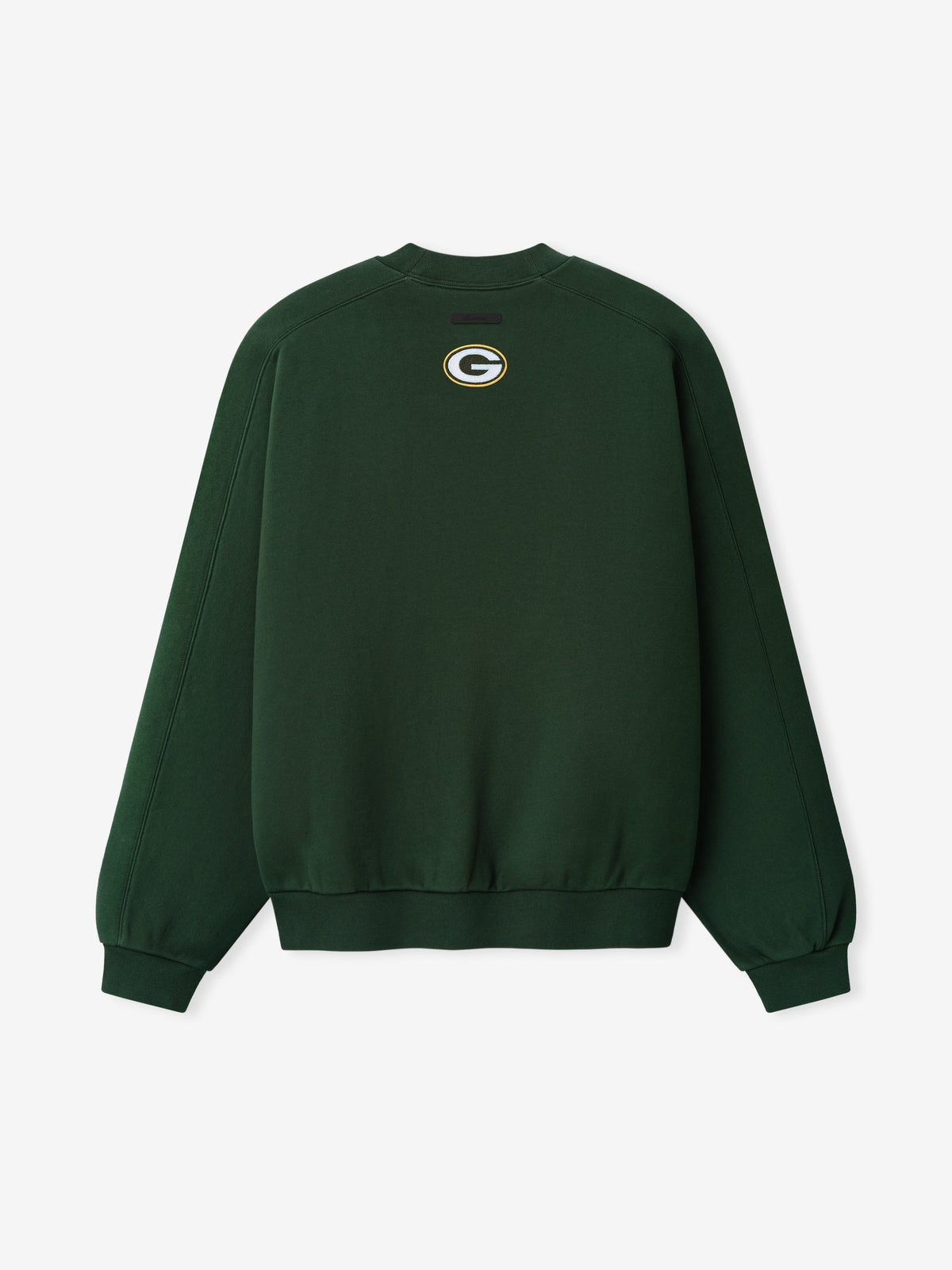 Packers 90s Relaxed Crewneck dark green sweatshirt featuring a small Green Bay Packers G logo at the chest with ribbed cuffs and hem shown as a Tops product view