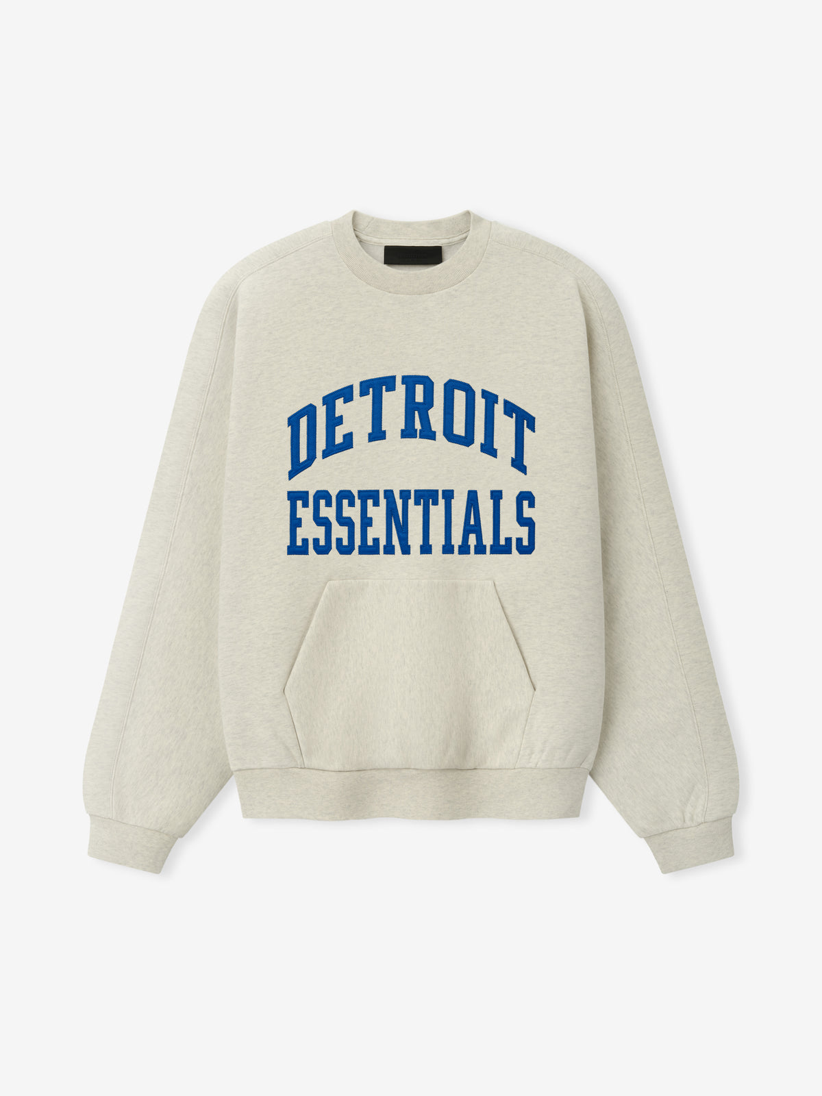 Lions 90s Relaxed Crewneck cream sweatshirt with blue Detroit Essentials collegiate lettering and kangaroo pocket shown as a Tops product view
