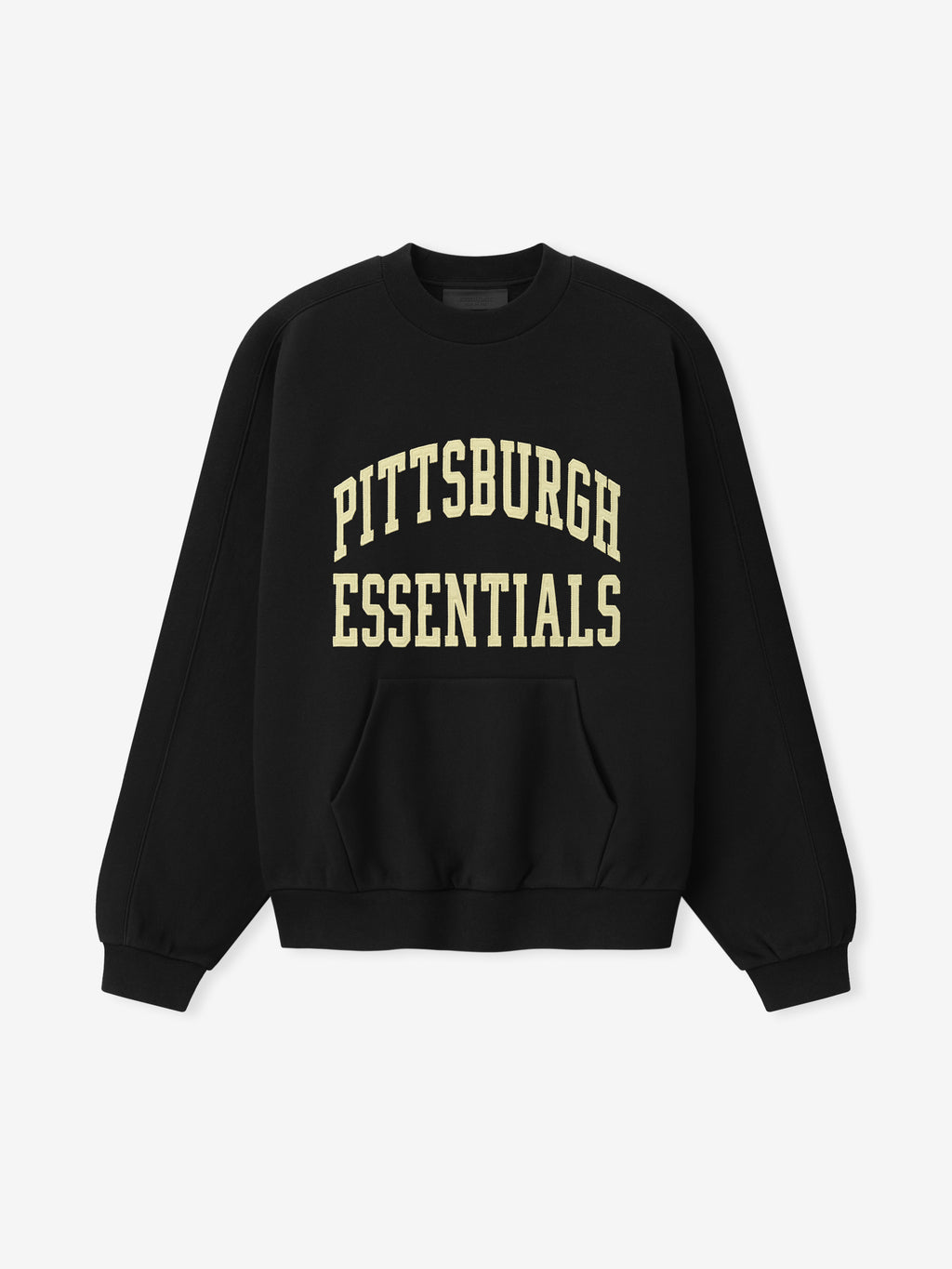 Steelers 90s Relaxed Crewneck black sweatshirt with cream Pittsburgh Essentials collegiate lettering kangaroo pocket and ribbed cuffs shown as a Tops product view