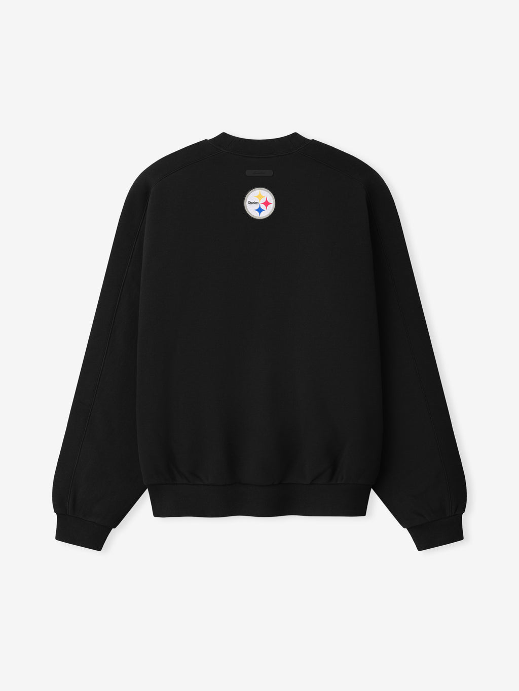 Steelers 90s Relaxed Crewneck black sweatshirt with small Pittsburgh Steelers logo at chest ribbed cuffs and hem shown as a Tops product view