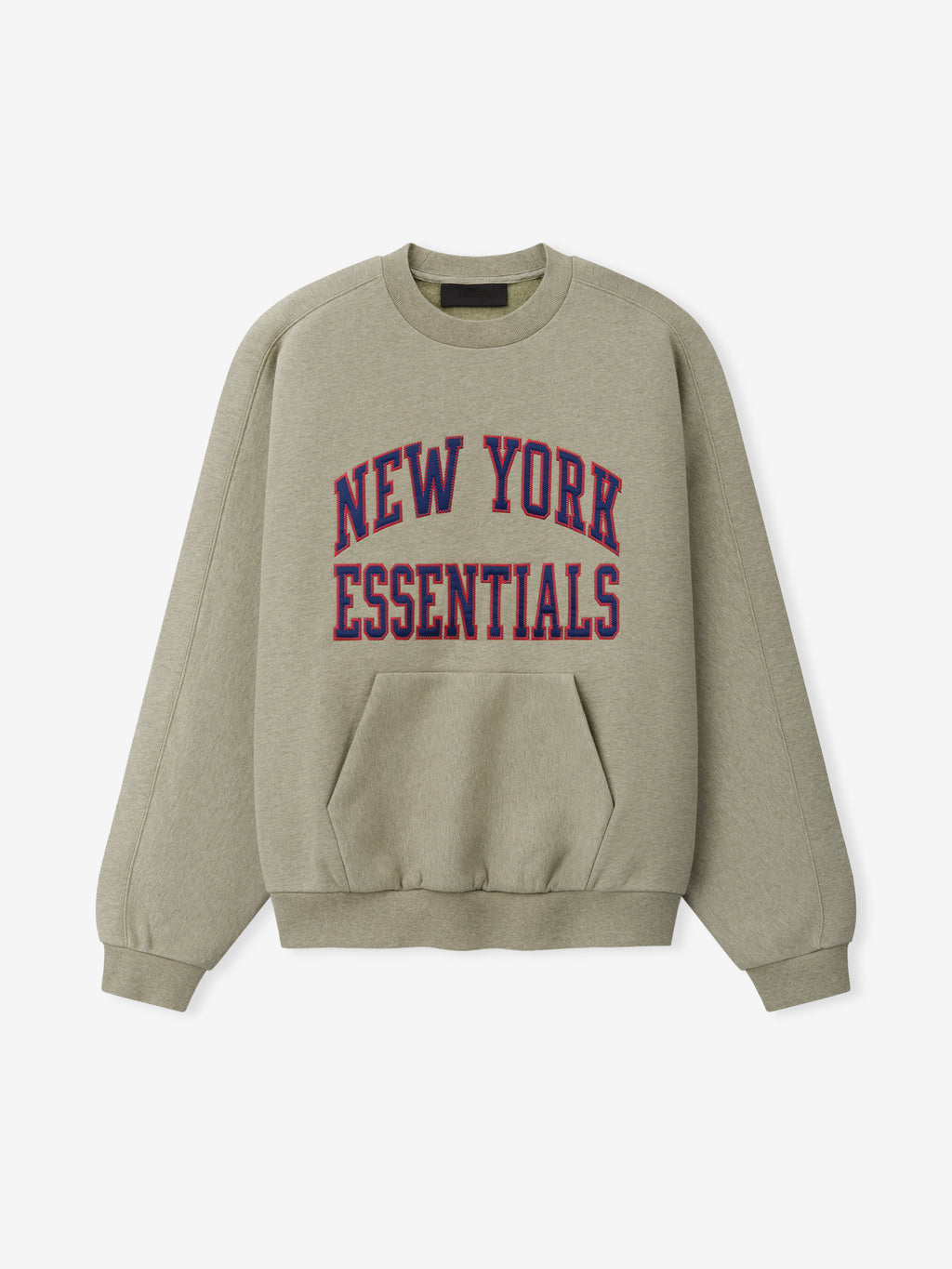 Giants 90s Relaxed Crewneck stone sweatshirt with New York Essentials collegiate lettering kangaroo pocket and ribbed cuffs shown as a Tops product view