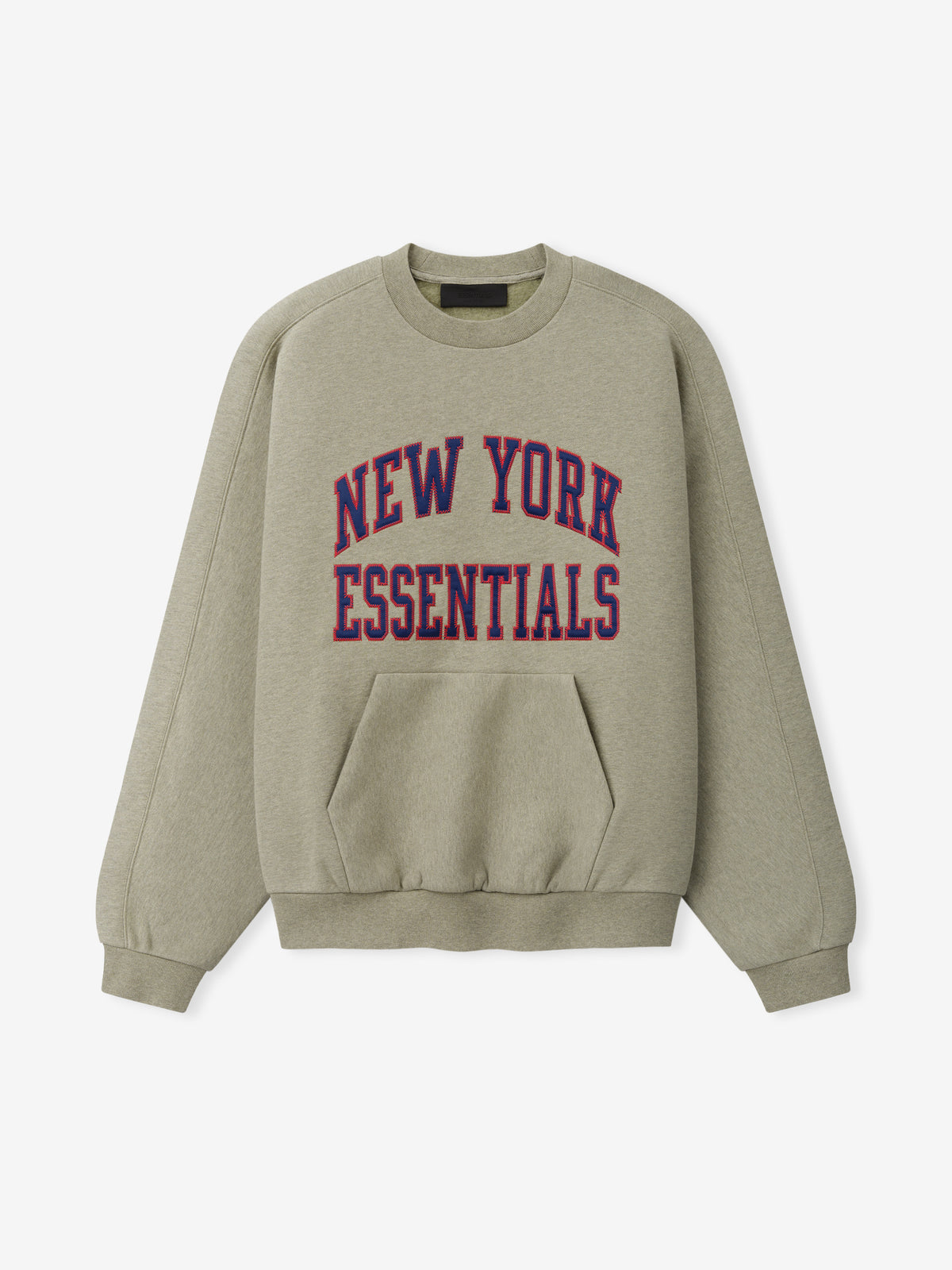 Giants 90s Relaxed Crewneck stone sweatshirt with New York Essentials collegiate lettering kangaroo pocket and ribbed cuffs shown as a Tops product view
