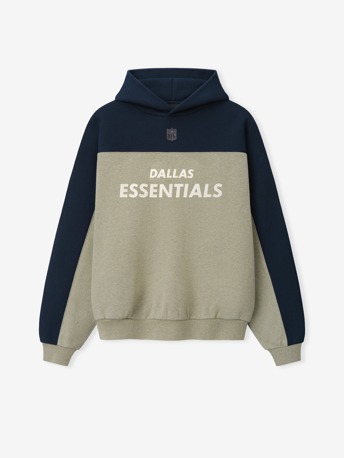Cowboys 90s Relaxed Hoodie navy and stone color block pullover with Dallas Essentials collegiate lettering and ribbed cuffs shown as a Tops product view