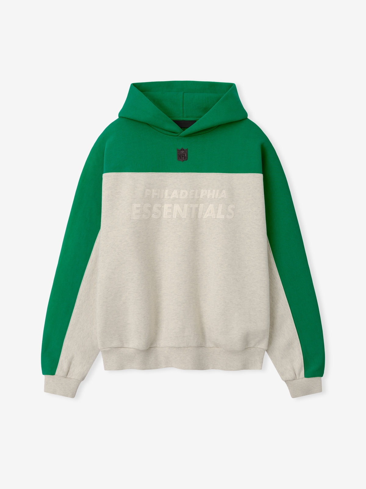 Eagles 90s Relaxed Hoodie green and cream color block pullover with hood ribbed cuffs and faint Philadelphia Essentials lettering shown as a Tops product view