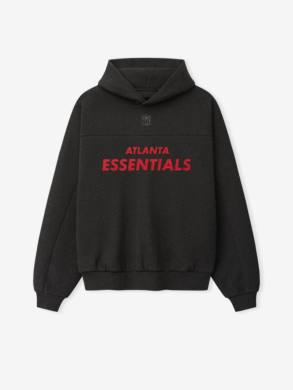 Falcons 90s Relaxed Hoodie in black with hood ribbed cuffs and hem red Atlanta Essentials lettering and NFL shield shown as a Tops product view