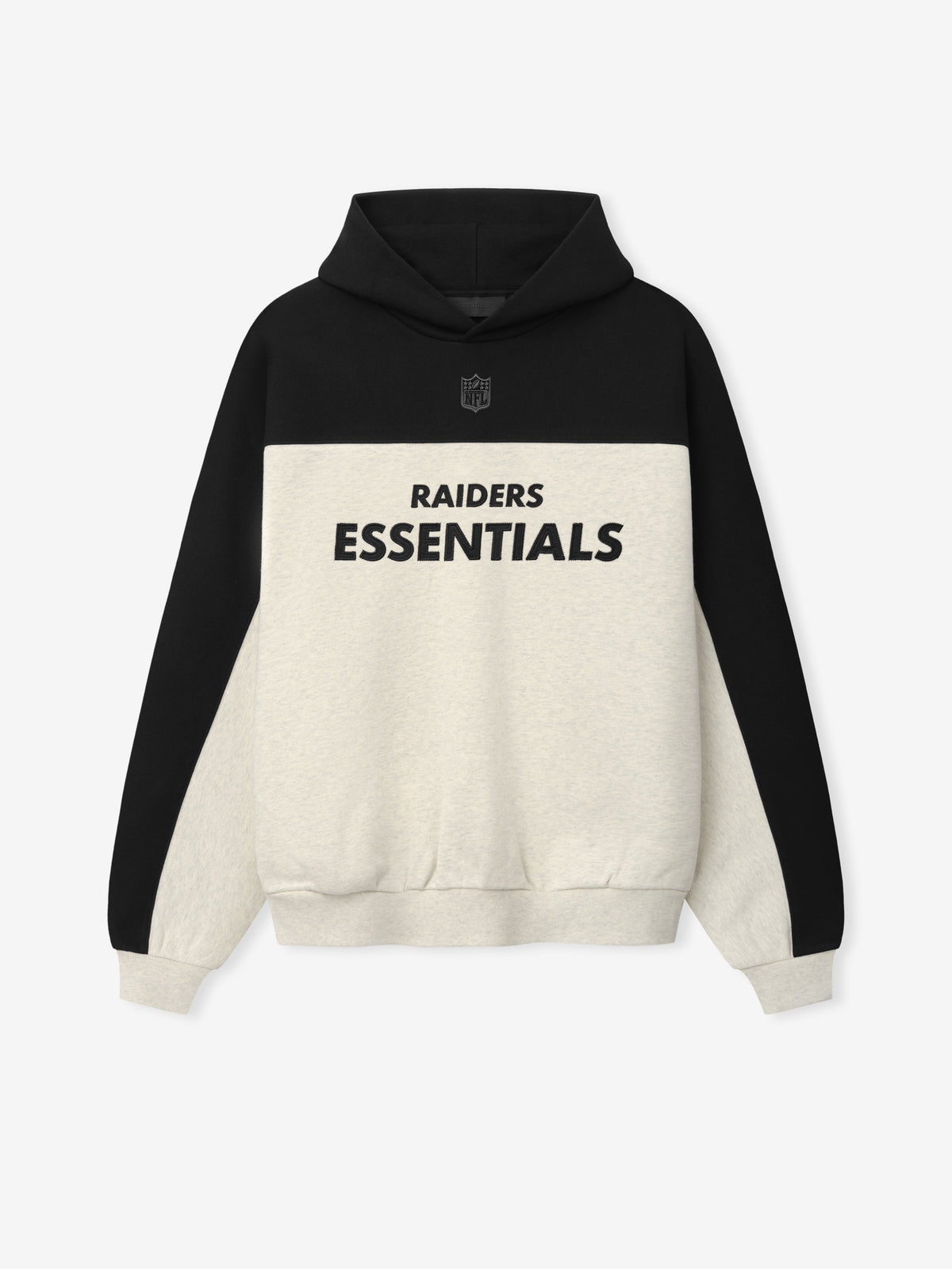 Raiders 90s Relaxed Hoodie in black and cream with Raiders Essentials lettering and NFL shield on the front as a Tops product view