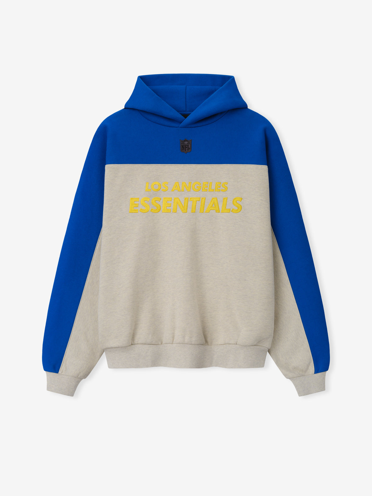 Rams 90s Relaxed Hoodie in blue and cream with yellow Los Angeles Essentials lettering hood and ribbed cuffs shown as a Tops product view