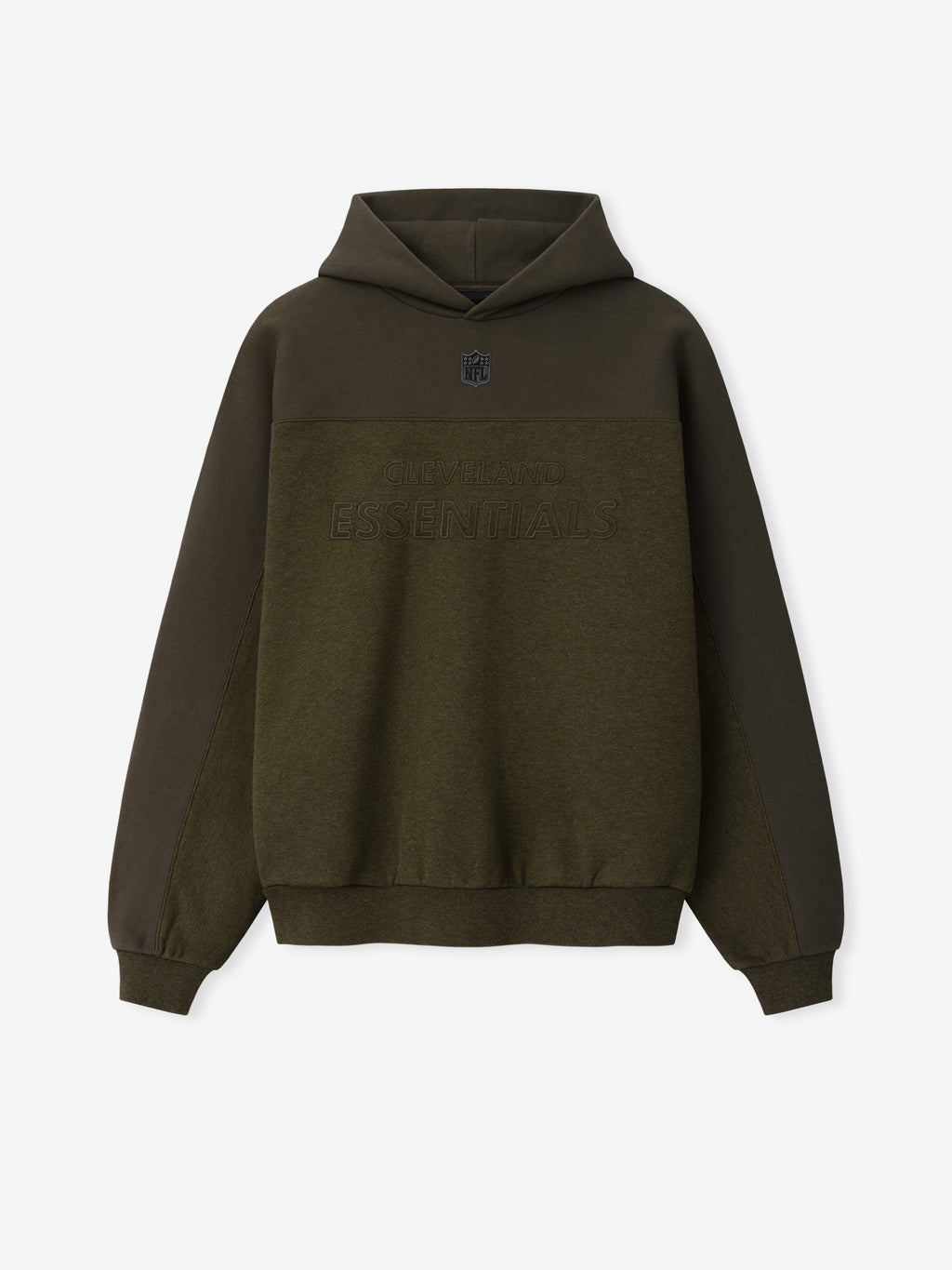 Browns 90s Relaxed Hoodie in dark brown with tonal color blocking subtle Essentials lettering NFL shield and ribbed cuffs shown as a Tops product view