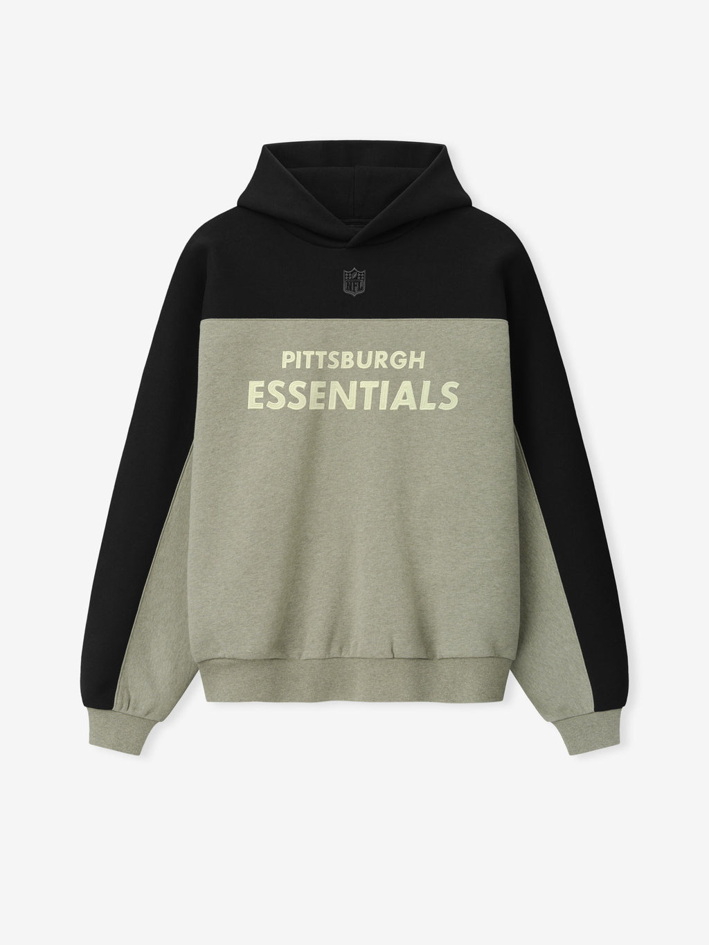 Steelers 90s Relaxed Hoodie in black and gray with Pittsburgh Essentials lettering NFL shield and color blocked fleece body as a Tops product detail