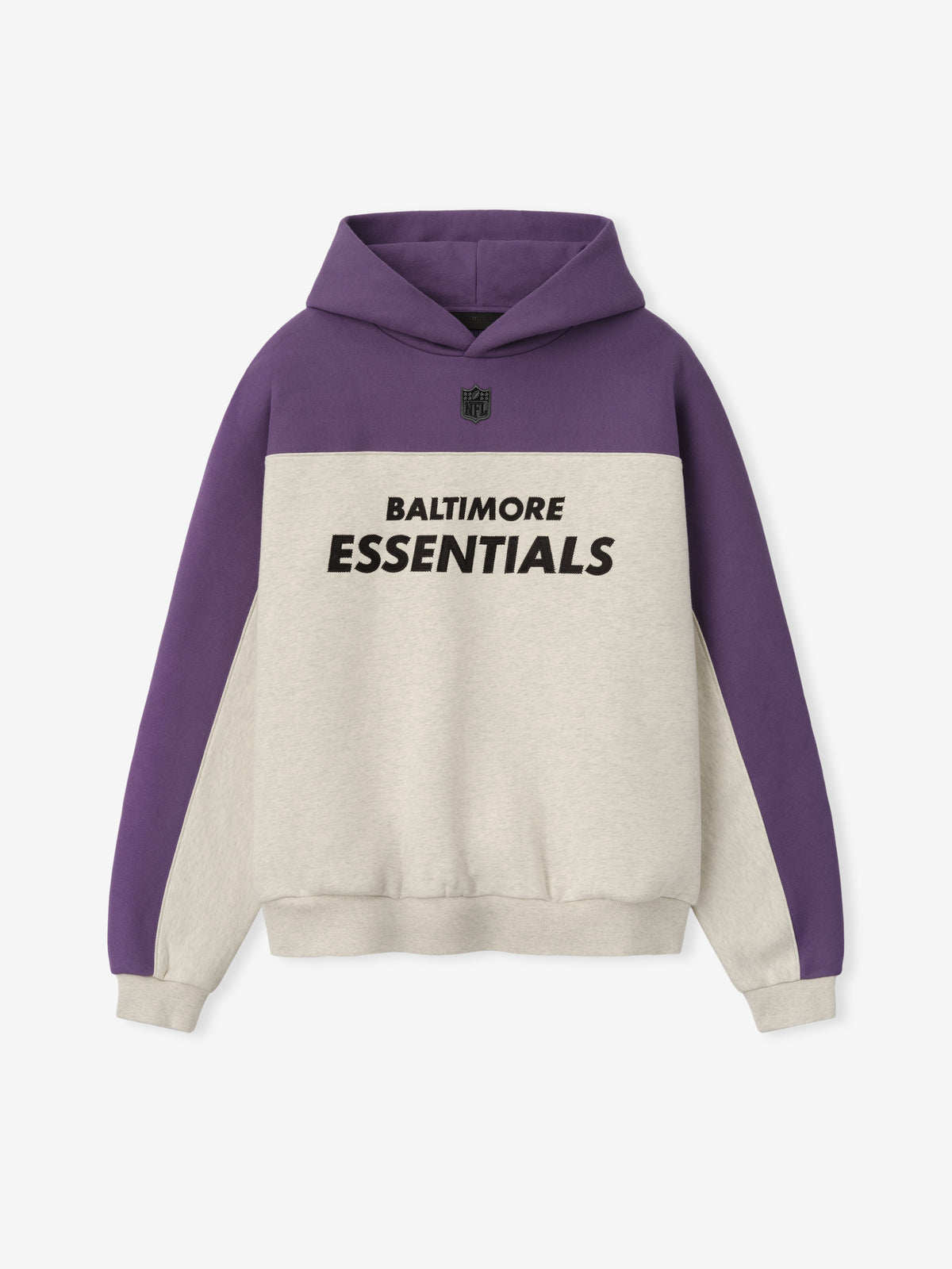 Ravens 90s Relaxed Hoodie in purple and cream with Baltimore Essentials chest lettering and a color blocked fleece body and hood shown as a Tops product view