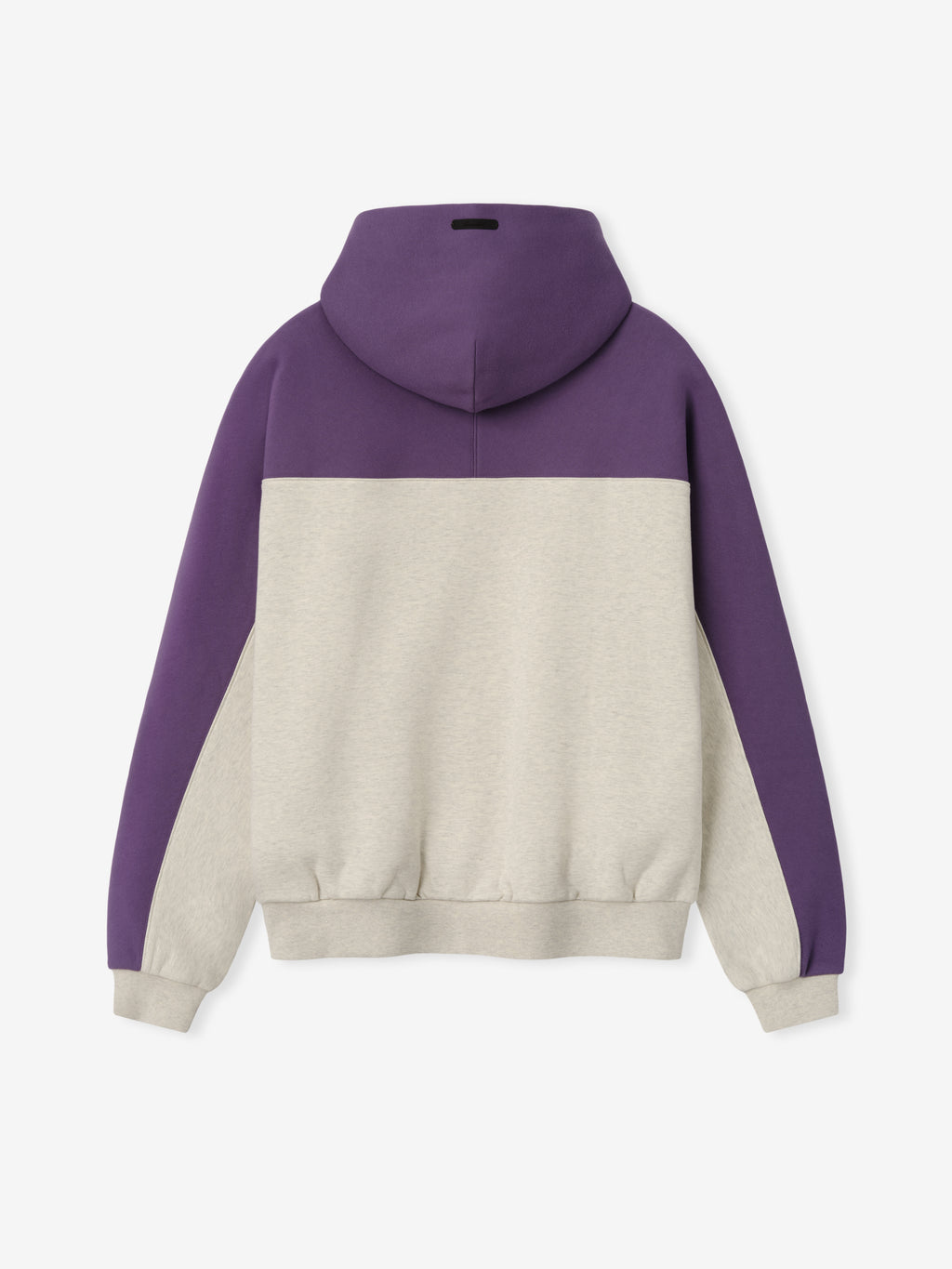 Ravens 90s Relaxed Hoodie shown from the back in purple and cream with a color blocked fleece body hood and ribbed cuffs as a Tops product view