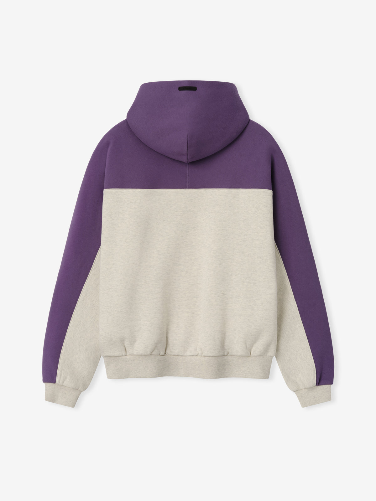 Ravens 90s Relaxed Hoodie shown from the back in purple and cream with a color blocked fleece body hood and ribbed cuffs as a Tops product view