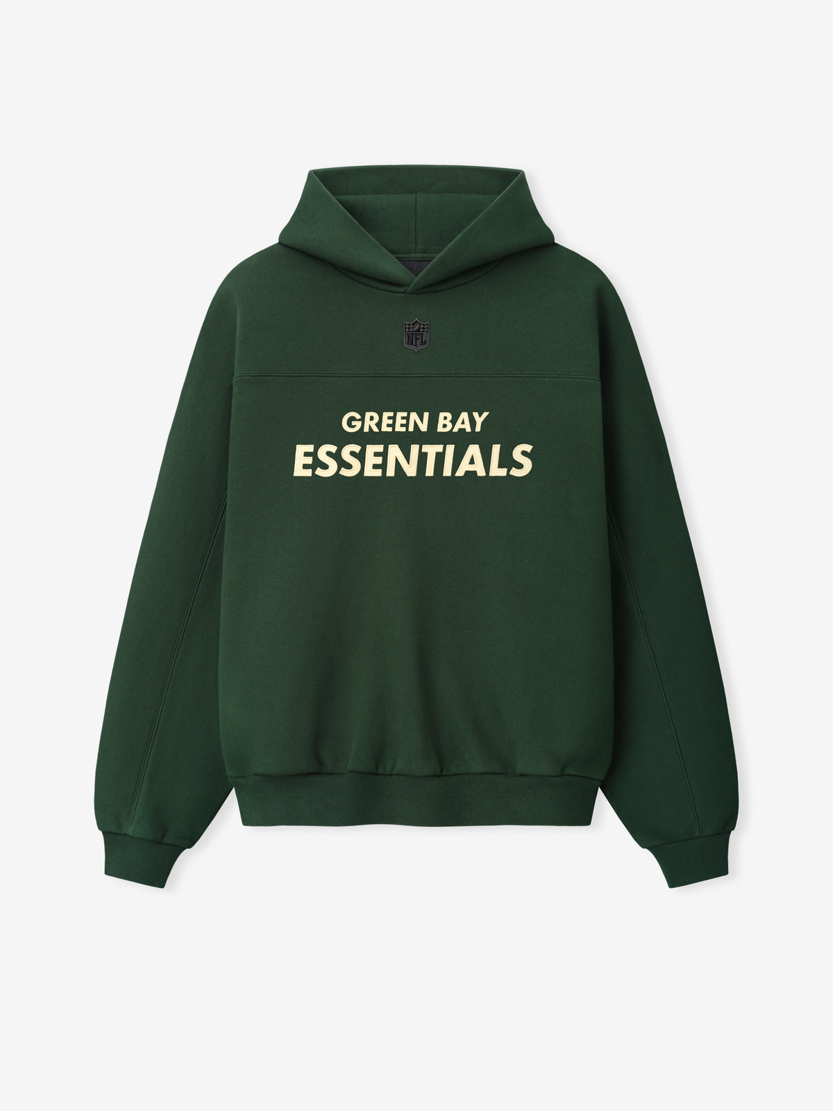 Packers 90s Relaxed Hoodie in dark green fleece with Green Bay Essentials chest lettering and a hooded pullover design as a Tops product view