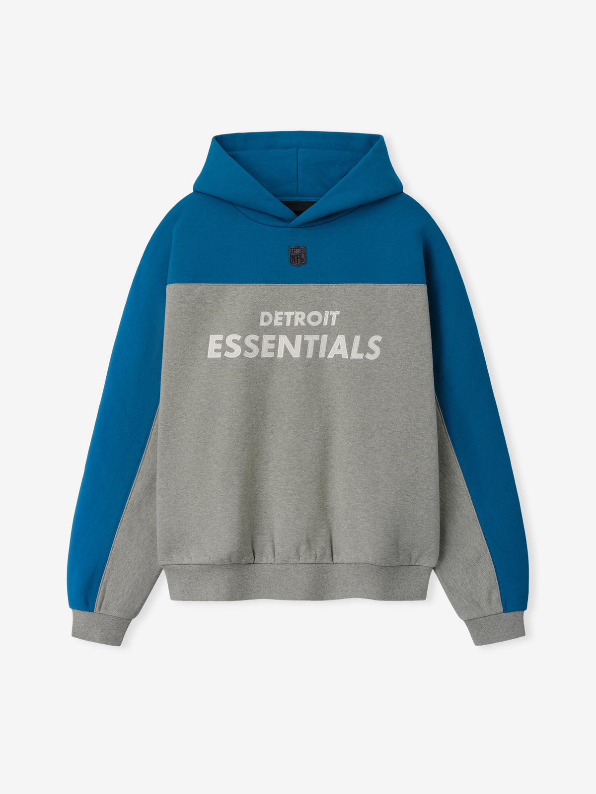 Lions 90s Relaxed Hoodie in blue and gray color blocked fleece with Detroit Essentials chest lettering hood and ribbed cuffs as a Tops product view