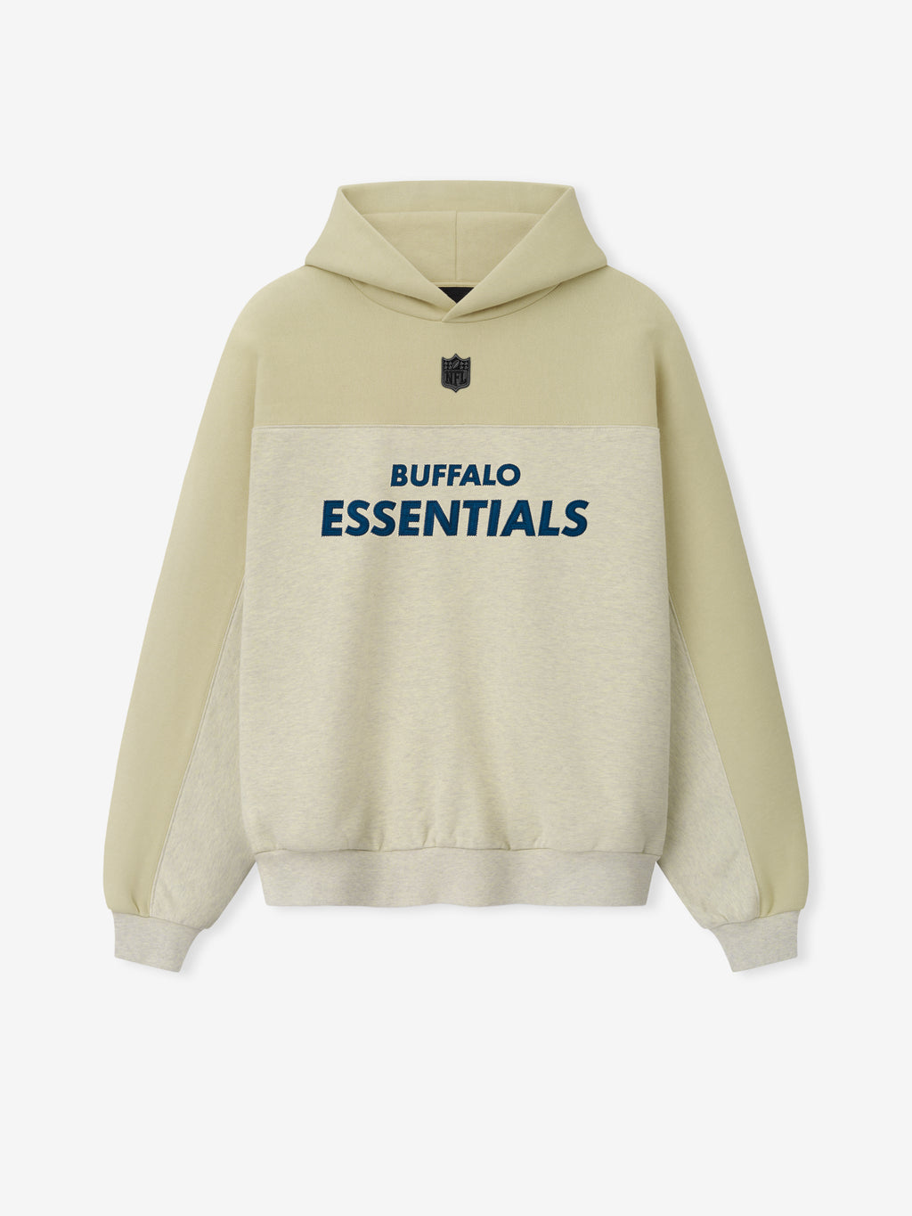 Bills 90s Relaxed Hoodie in cream fleece with Buffalo Essentials lettering NFL shield and color blocked panel as a Tops product view