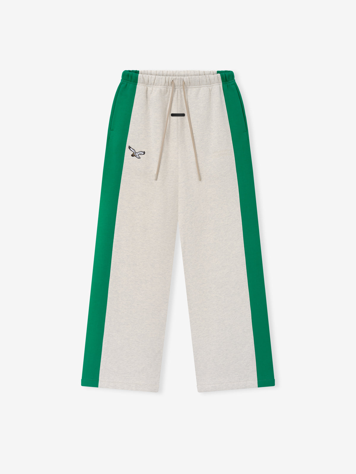 Eagles Lounge Sweatpant in cream fleece with green side panels elastic drawcord waist and small eagle logo shown as a Bottoms product view