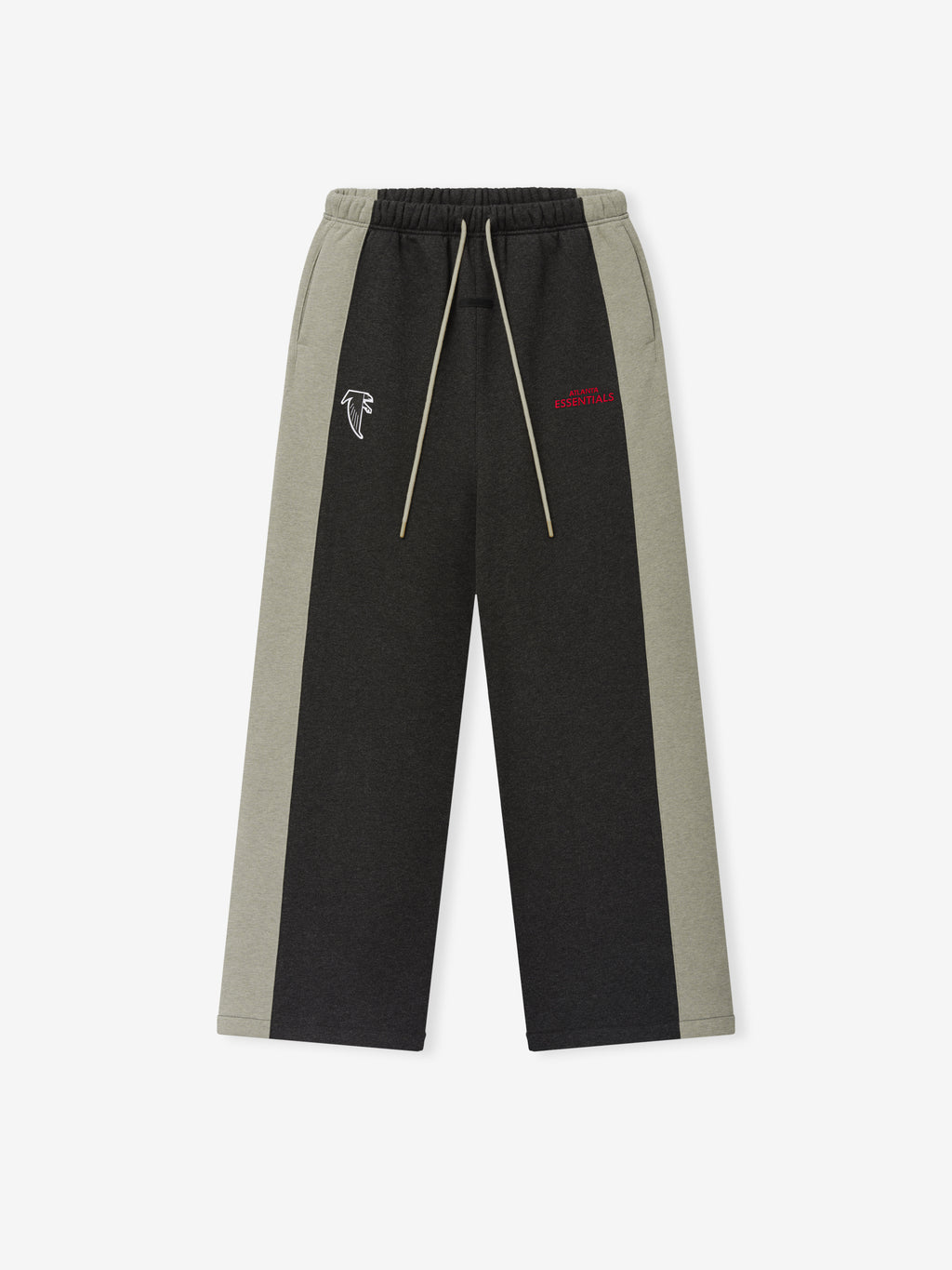 Falcons Lounge Sweatpant in black fleece with gray side panels elastic drawstring waist embroidered Falcons logo and straight leg silhouette shown as a Bottoms product view
