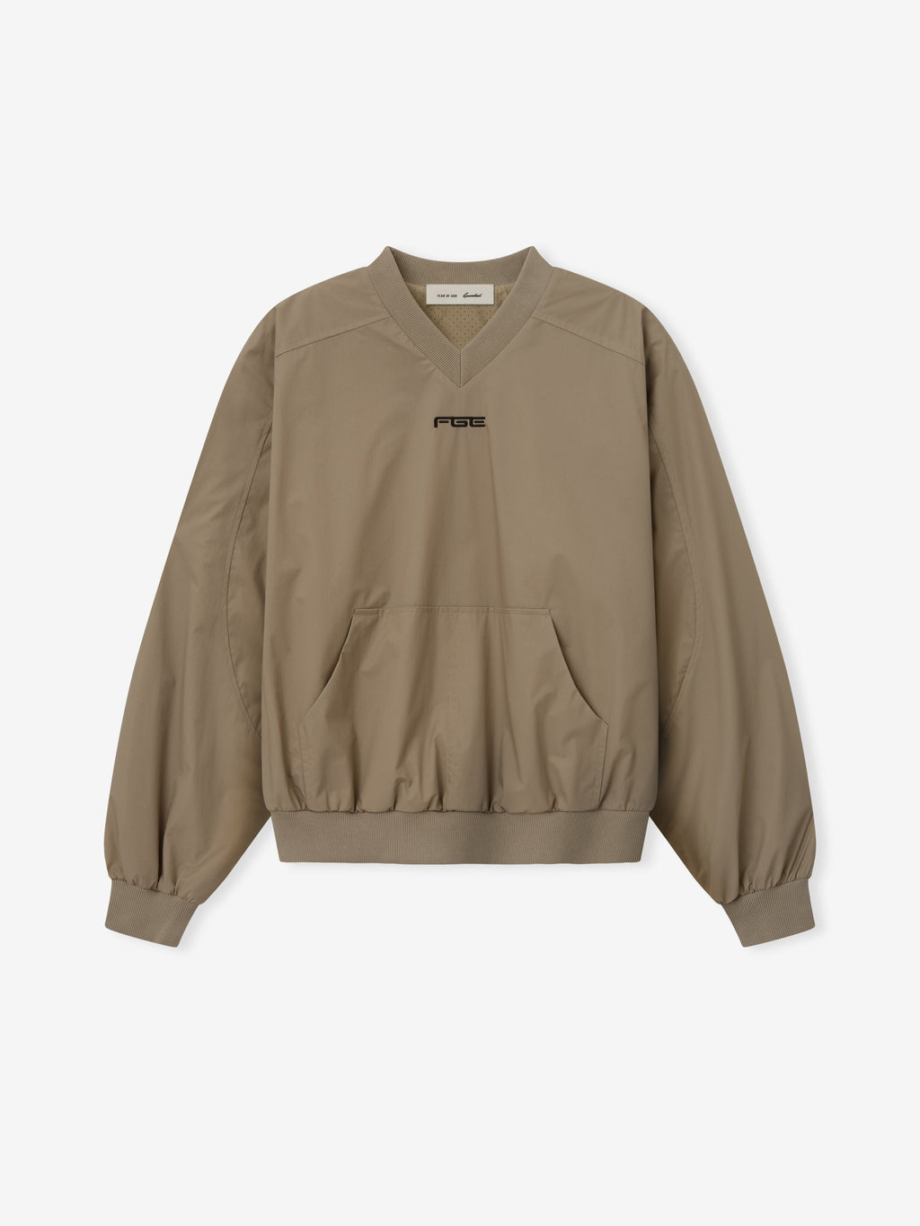 Womens Pullover Track Jacket in taupe with a V neck small chest logo kangaroo pockets elastic cuffs and ribbed hem displayed flat as Outerwear