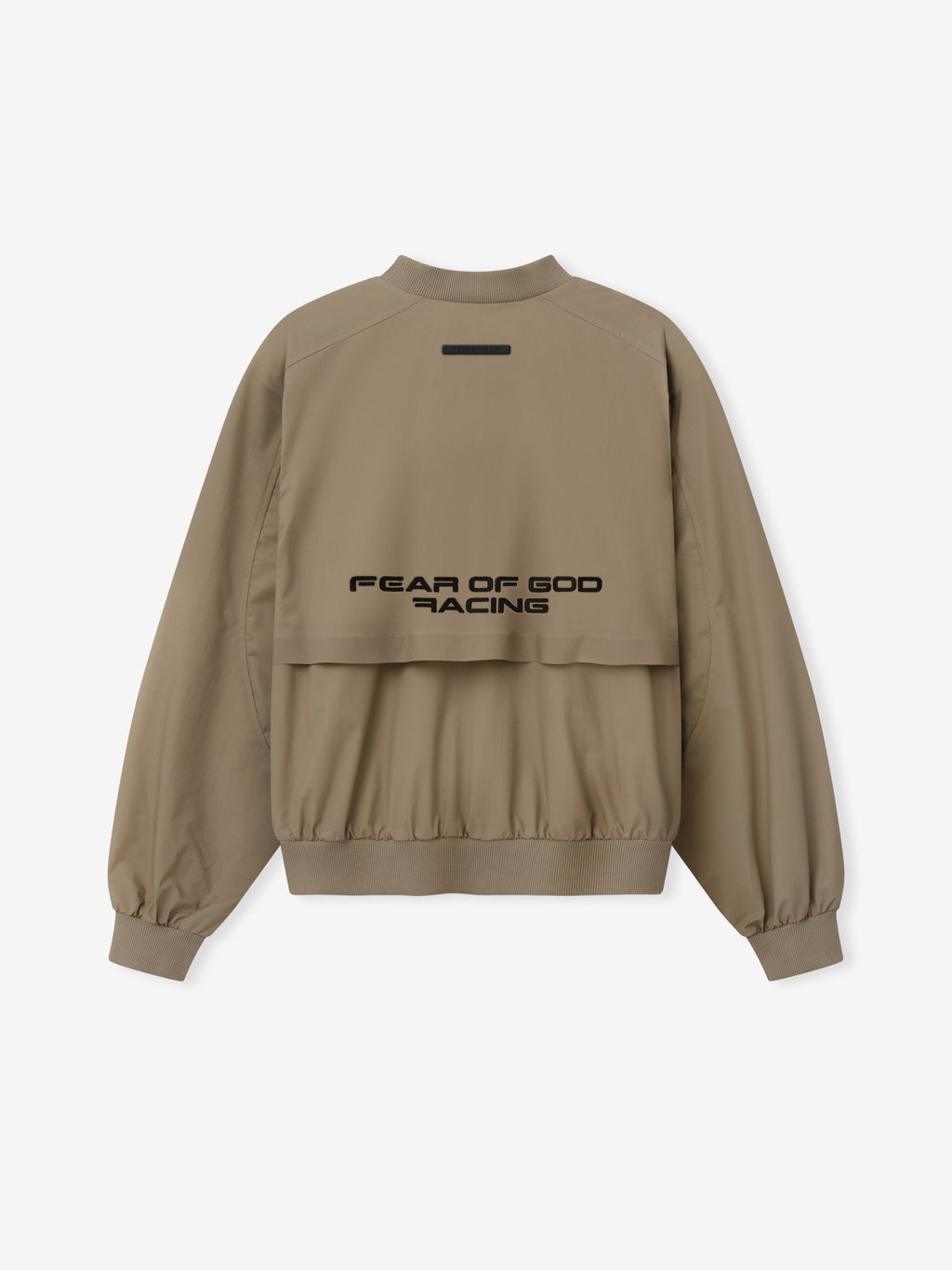 Womens Pullover Track Jacket in taupe with Fear of God Racing graphic layered front panel elastic cuffs and ribbed hem displayed flat as Outerwear